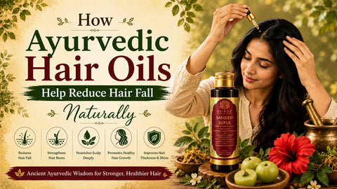 Woman applying Surul Sanjeevi Surul Ayurvedic hair oil to reduce hair fall naturally with herbal ingredients like amla and hibiscus for stronger, healthier hair.