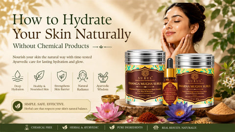 How to hydrate your skin naturally without chemicals using Ayurvedic skincare products, herbal face wash powder, face oil, and face pack.