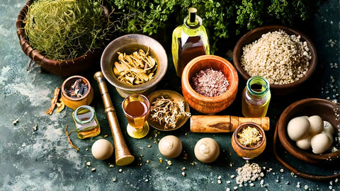 Ayurvedic herbs and natural ingredients like oils, powders, and roots arranged on a rustic table representing traditional Ayurvedic product preparation.