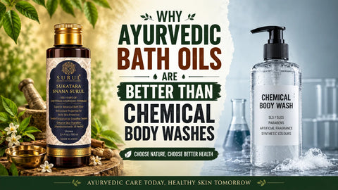 Surul Sukatara Snana Surul Ayurvedic bath oil compared with a chemical body wash, highlighting the benefits of natural herbal body care for healthy, hydrated skin.