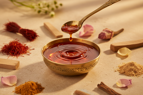 Brass bowl contain Saffron oil with saffron and  spices on a textured surface