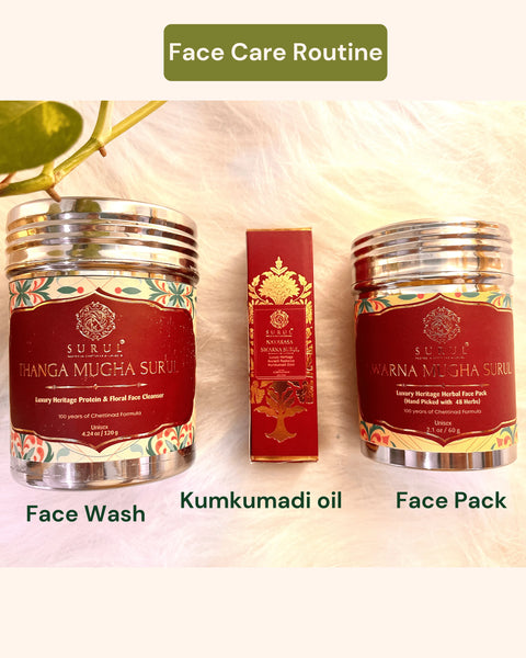 Three skincare products with labels for 'Face Wash', 'Kumkumadi oil', and 'Face Pack' on a light background.