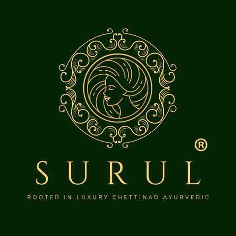 Surul logo with decorative design and text on a green background