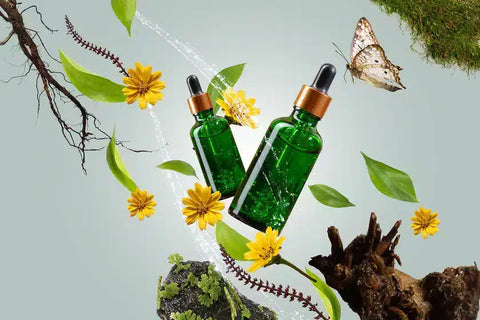 Green glass dropper bottles with gold caps on a natural background with flowers and leaves.